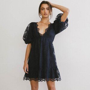 Bohme NWT Sz L Navy Embroidered Mini Dress Puff Sleeve Cottage Prairie Boho